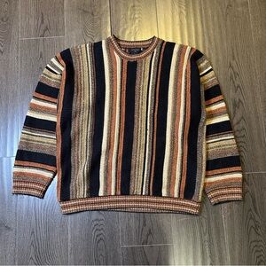 Protege Vintage 90s Men's Tan Black Striped 3D Textured Knit Grandpa Sweater XL